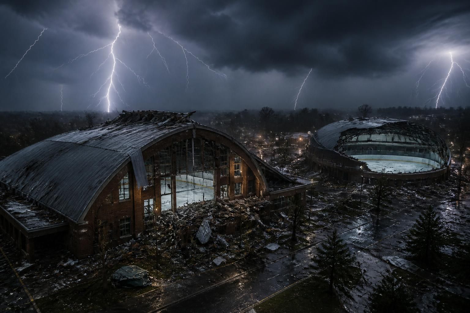 un orage à ann arbor cause des dommages importants à la patinoire yost arena de l'université du michigan ainsi qu'à la patinoire du veterans memorial park, affectant les installations locales.