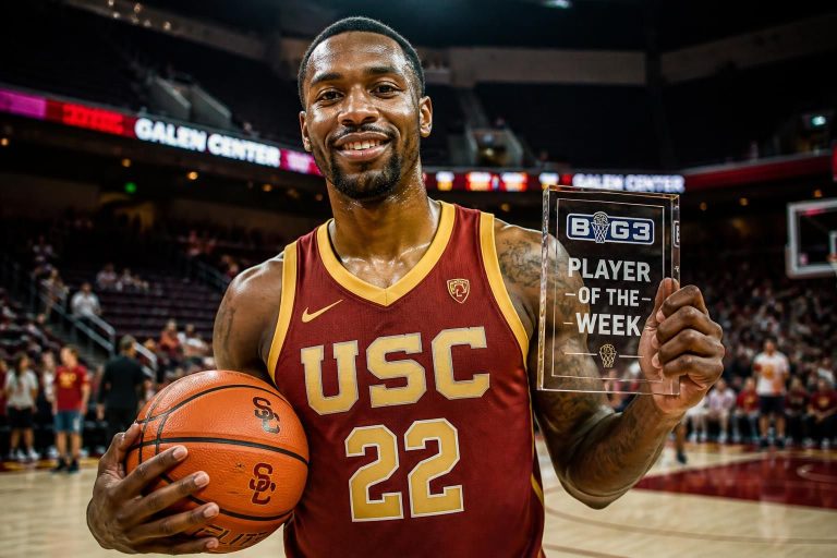 ancienne star de l'usc revient au galen center et remporte le titre de joueur de la semaine en big3, démontrant son talent et son impact sur le terrain.