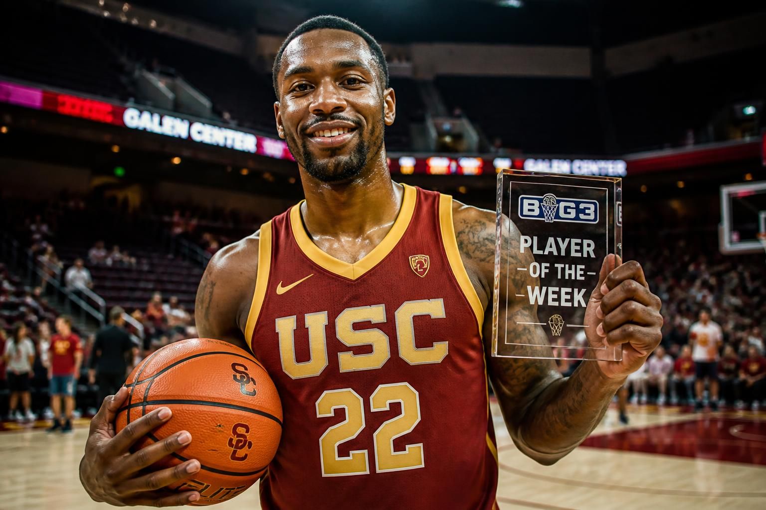 ancienne star de l'usc revient au galen center et remporte le titre de joueur de la semaine en big3, démontrant son talent et son impact sur le terrain.