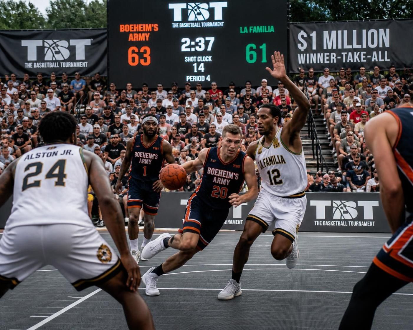 suivez en direct le match des quarts de finale du tbt entre boeheim’s army et la familia, avec les scores instantanés et toutes les mises à jour du jeu.