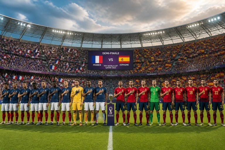 suivez en direct la demi-finale de la coupe du monde entre la france et l'espagne, avec la composition officielle des équipes, le moment de recueillement et les enjeux clés du match.