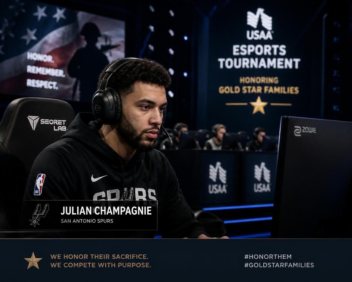 julian champagnie des spurs prend part au tournoi esports usaa, un événement dédié à honorer les familles gold star en leur hommage.