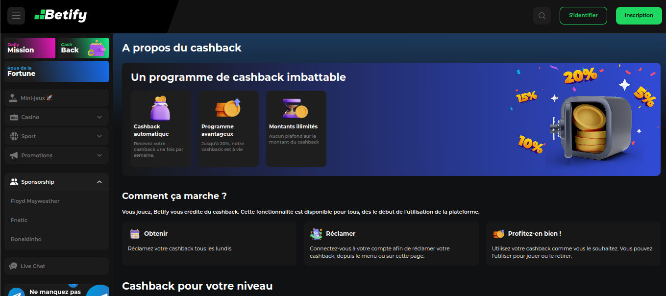 Cashback hebdomadaire Betify avis : page du programme de fidélité du casino avec bonus gratuit et argent remboursé