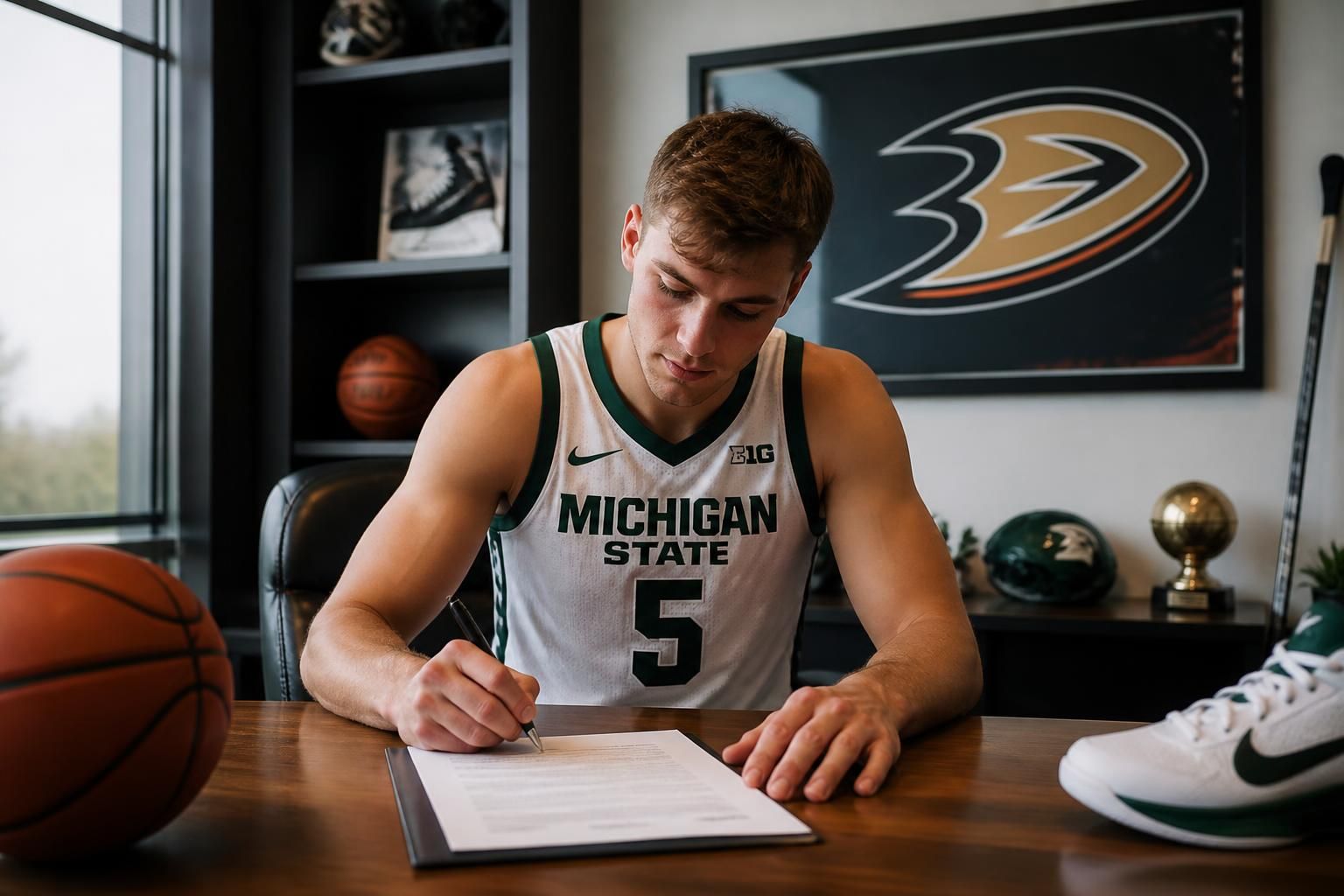 découvrez l'arrivée d'un talent prometteur de michigan state qui rejoint les ducks d'anaheim avec un contrat d'entrée en vigueur, marquant un nouveau départ dans sa carrière sportive.