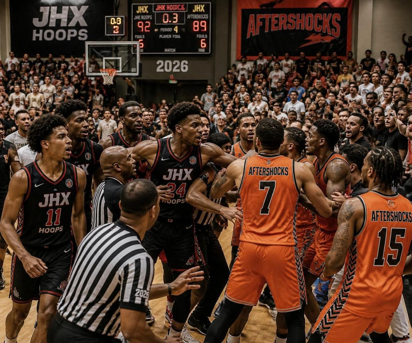 revivez la victoire dramatique de jhx hoops contre les aftershocks en tbt, marquée par un chaos inattendu après le match qui a éclipsé la performance sur le terrain.