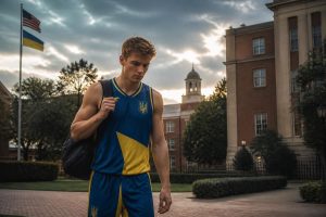 découvrez l'histoire d'un joueur ukrainien de basketball, fils d'un militaire, qui quitte lsu suite à l'affaire kim. un récit poignant mêlant sport et événements personnels.
