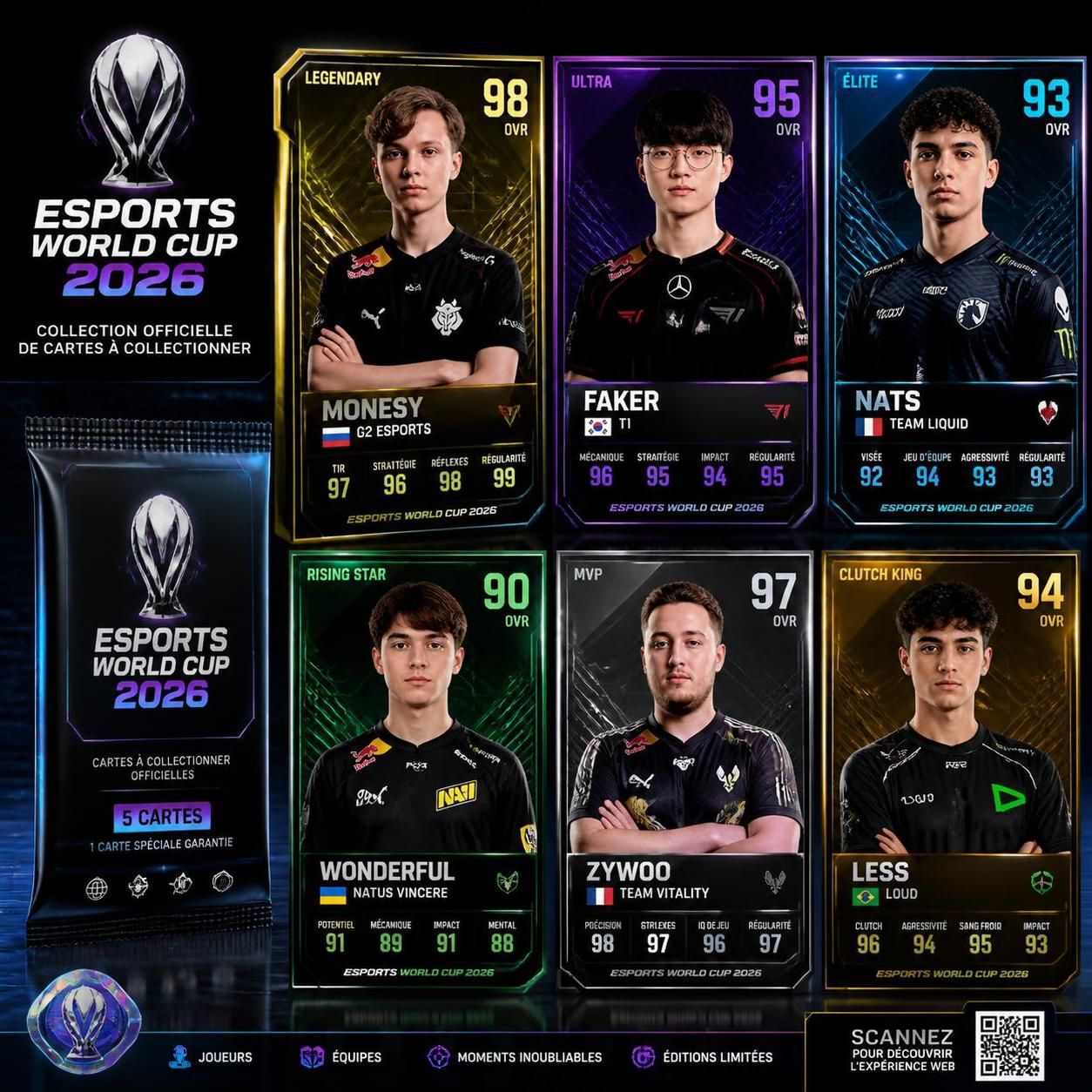 découvrez la collection officielle de cartes à collectionner de la coupe du monde d'esports, réunissant les meilleurs joueurs et moments emblématiques de la compétition mondiale.