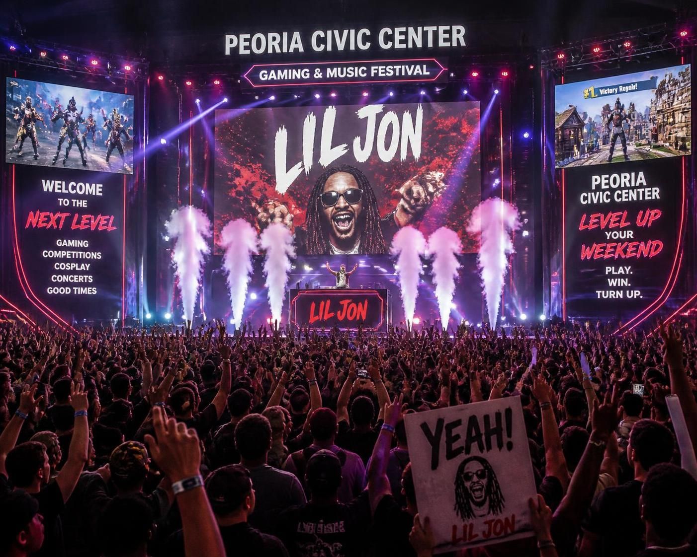 dĂ©couvrez le future play festival au peoria civic center, un Ă©vĂ©nement unique combinant jeux vidĂ©o et concert exceptionnel de lil jon. plongez dans une expĂ©rience immersive mĂȘlant gaming et musique live.