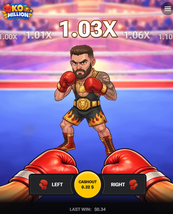 KO Million app mobile, jeu gratuit en demo : boutons Left, Right et Cashout en vue verticale