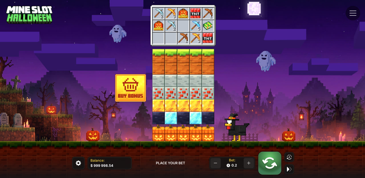 Mine Slot Halloween avis et démo en français, casino et jeu d'argent : colonnes de blocs et outils