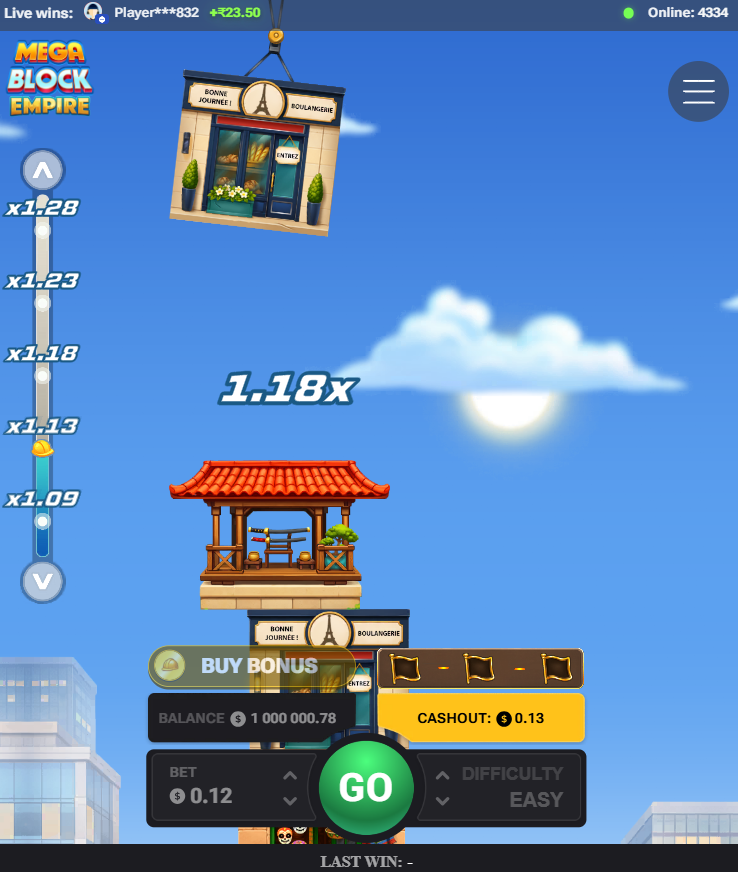 MegaBlock Empire app mobile, jeu gratuit en demo : écran vertical dans le navigateur