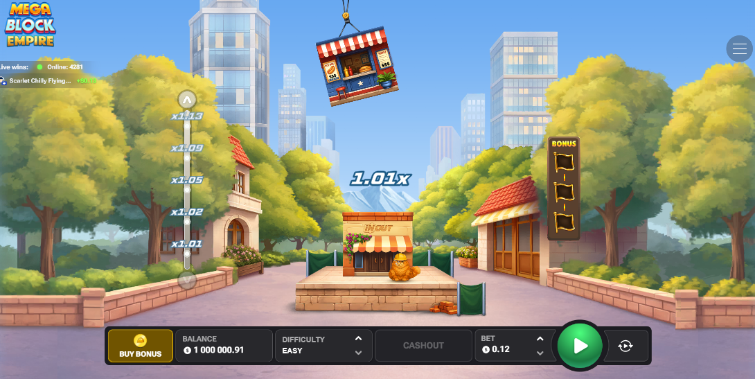 MegaBlock Empire avis et démo en français, casino et jeu d'argent : grue et multiplicateur en cours