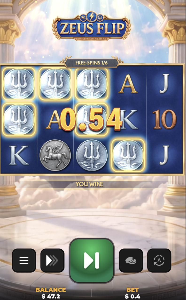 Zeus Flip app mobile, jeu gratuit en demo : rouleaux en vue verticale sur téléphone