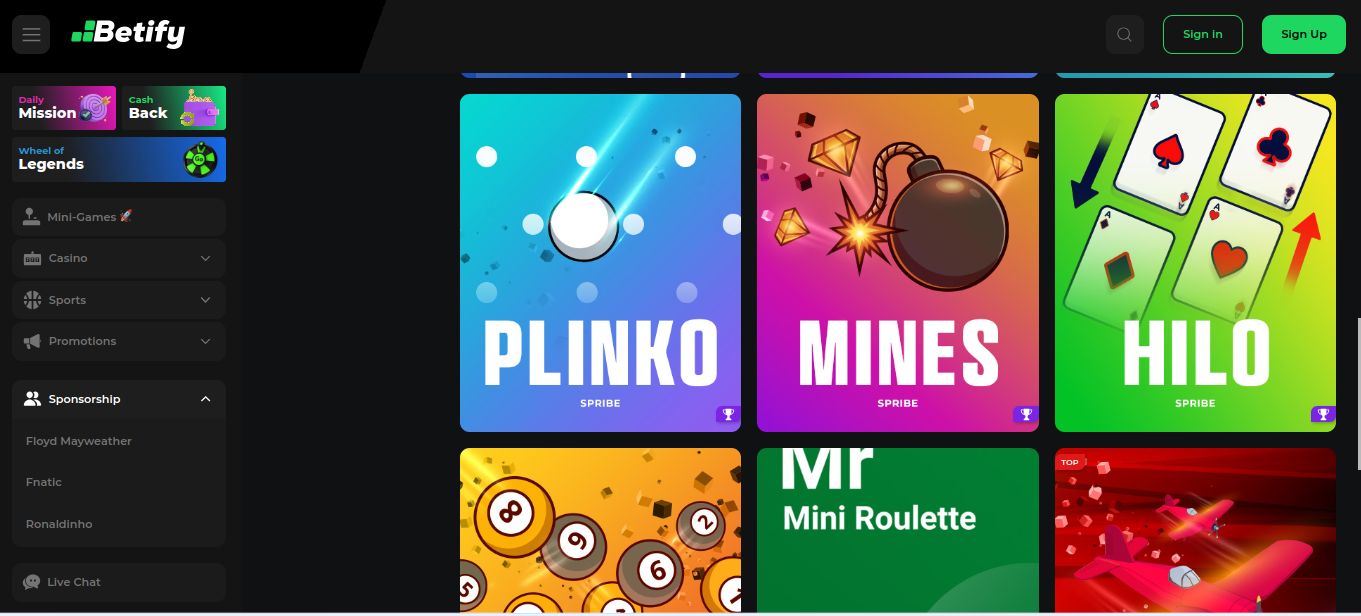 Mini-jeux Betify avis : Plinko, Mines et Hilo dans la section casino, questions sur le bonus gratuit et le jeu d'argent
