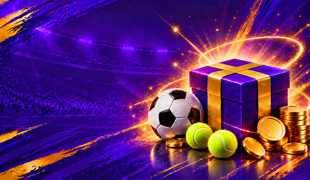 Just4win bonus, avis fiable et argent : coffret cadeau entouré de ballons de foot et de tennis et de pièces