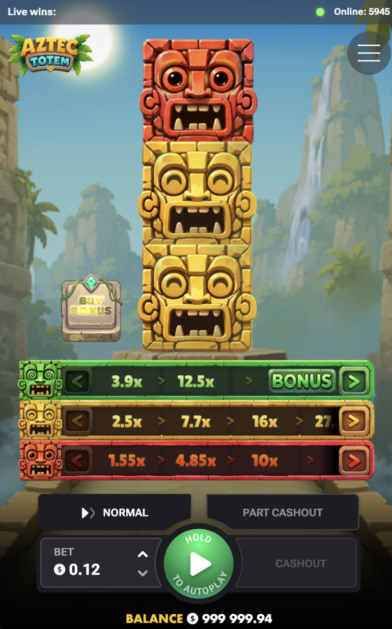 Aztec Totem app mobile, jeu gratuit en demo : chemins et bouton Cashout en vue verticale