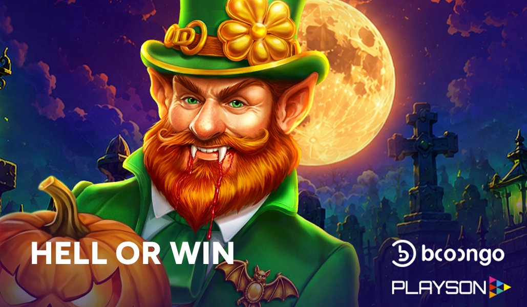 Just4win casino, arnaque ou bonus sérieux, jeu gratuit et inscription : visuel Hell or Win avec lutin vampire et logos Booongo et Playson