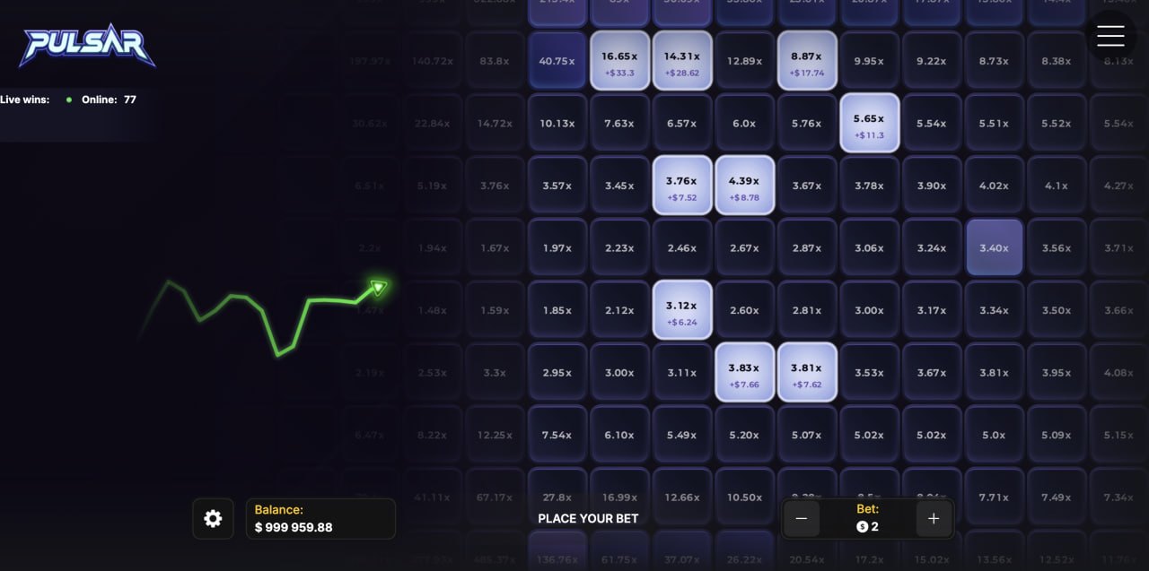 Pulsar jeu gratuit démo avis : sept mises simultanées avec coefficients verrouillés et gains potentiels du jeu