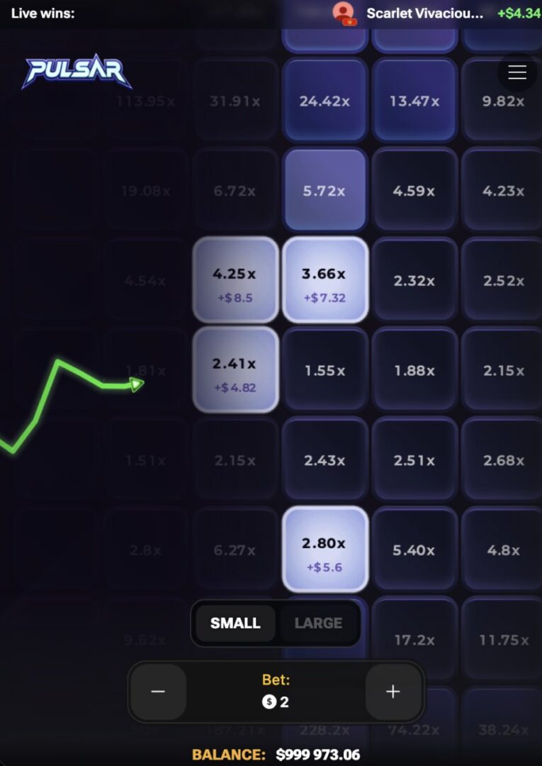 Pulsar app mobile avis : trois cases surlignées avec gains potentiels et mise de 2 dollars, démo gratuit du jeu