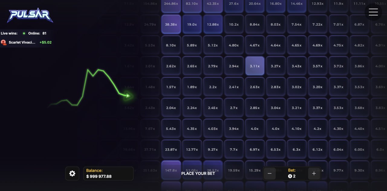 Pulsar avis démo : grille de cases violettes avec coefficients et trajectoire verte de l'impulsion, jeu de casino